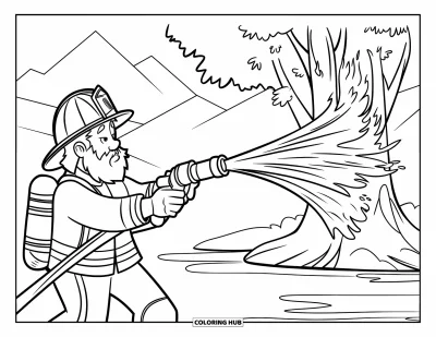 Coloriage de feu pour enfants : Un pompier arrose un arbre qui prend feu dans les bois