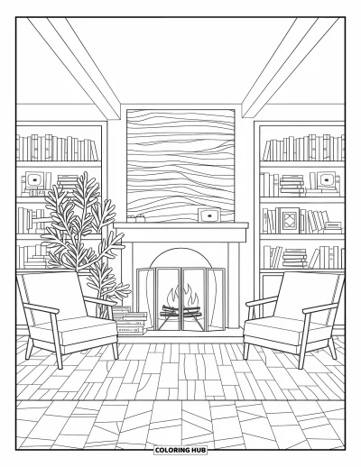 Coloriage de feu pour enfants : Une pièce avec une cheminée, des bibliothèques, des fauteuils, une plante et un manteau en bois