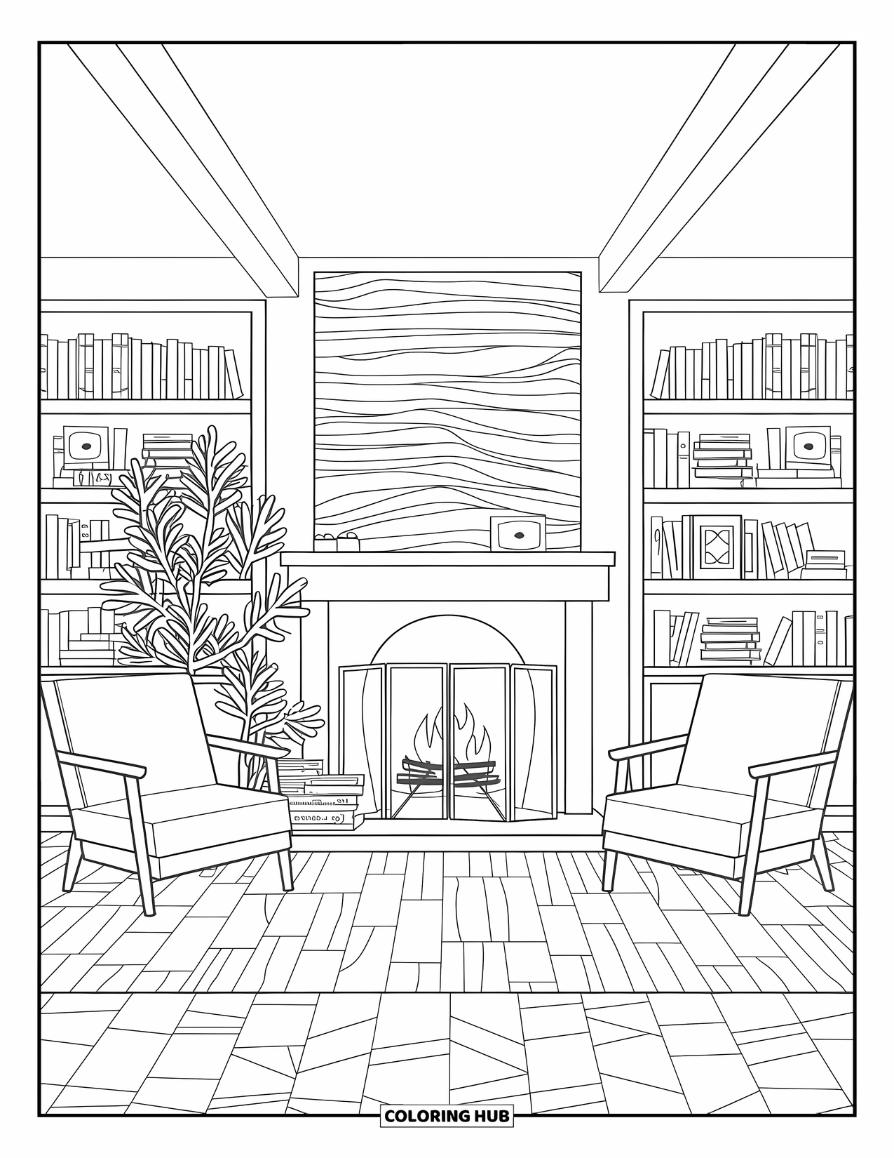 Fire Coloring Page for Kids: A fireplace room with bookshelves, chairs, a plant, and a wooden mantel