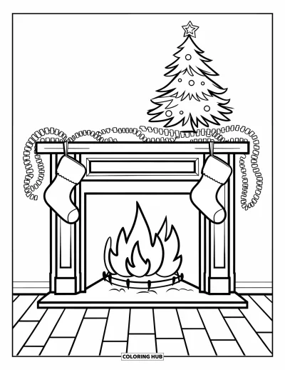 Coloriage de feu pour enfants : Une cheminée ornée de bas de Noël et d'un sapin brille dans une pièce chaleureuse