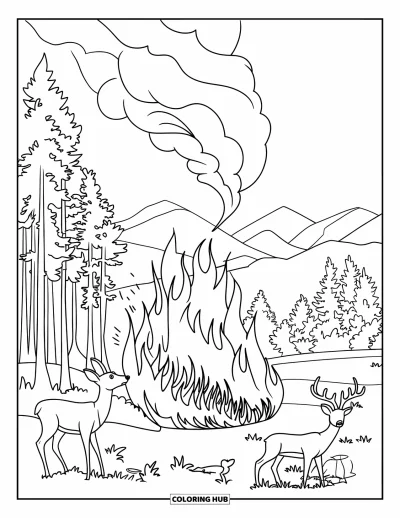 Coloriage de feu pour enfants : Un incendie de forêt commence à un arbre tandis que des animaux observent dans les bois