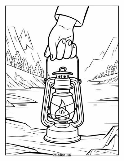 Coloriage de feu pour enfants : Une lanterne éclaire un chemin rocailleux avec des arbres, de l'eau et des montagnes apaisantes