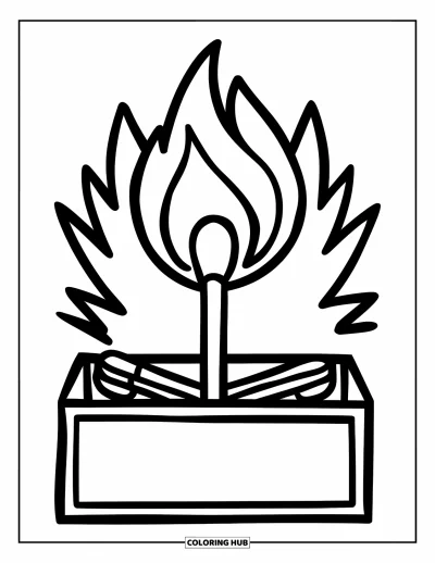 Coloriage de feu pour enfants : Une allumette brûle joyeusement depuis une boîte avec de grandes zones à colorier