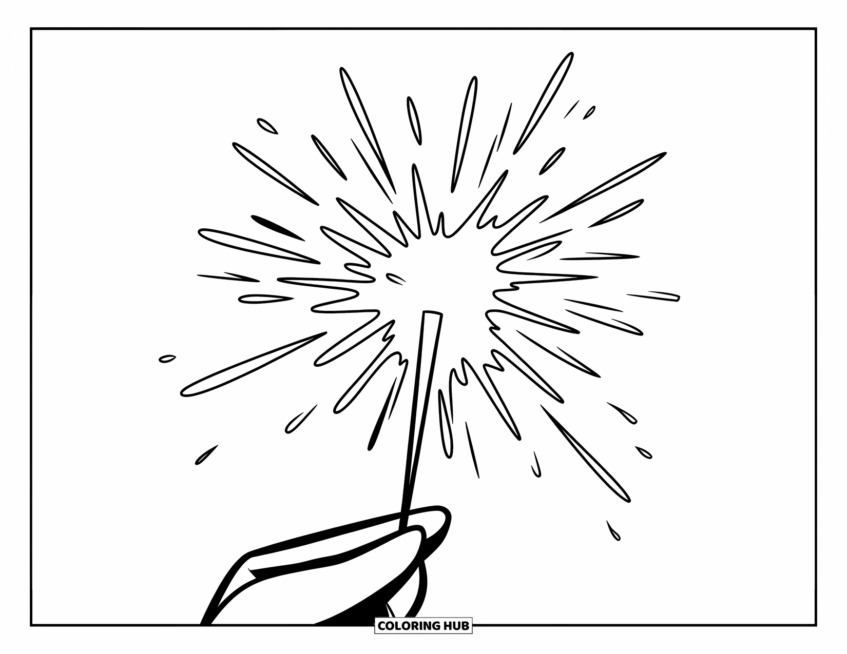 Fire Coloring Page for Kids: A sparkler held by a gloved hand sends out fiery sparks