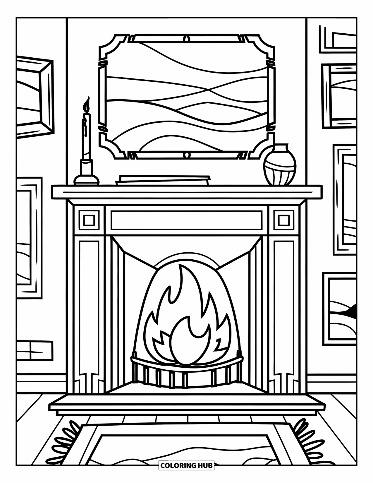 Fire Coloring Page for Kids: A warm fireplace flickers beneath paintings, candles, and a soft rug