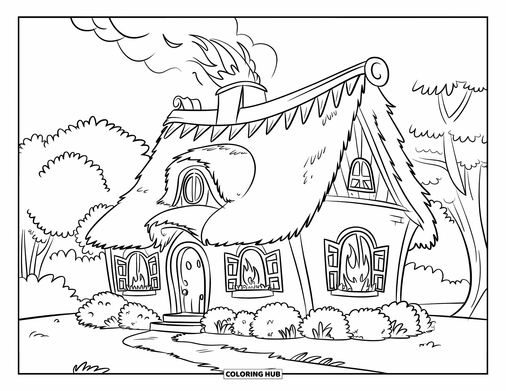 Fire Coloring Page for Kids: Fire escapes from a tiny cottage with greenery and a winding path