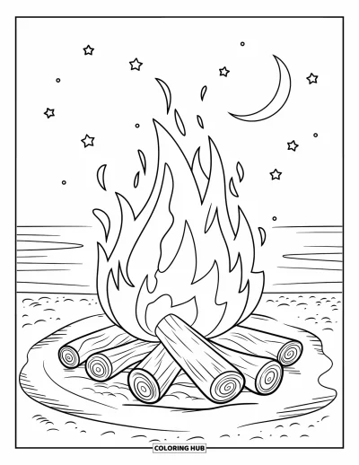 Coloriage de feu pour enfants : Des flammes dansent dans un feu de plage avec du sable, des étoiles et un croissant de lune