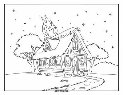 Coloriage de feu pour enfants : Des flammes s'échappent d'une petite maison en bois au toit de chaume sous un ciel étoilé
