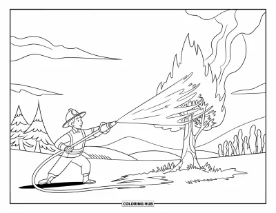 Coloriage de feu pour enfants : De la fumée s'élève pendant qu'un pompier arrose un arbre dans la forêt