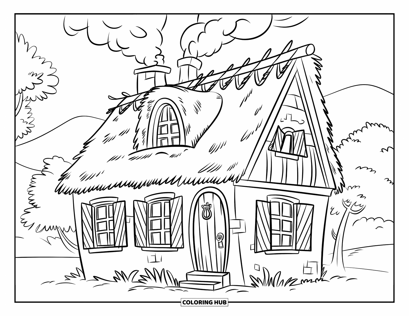 Fire Coloring Page for Kids: Smoke rises from a cozy cottage with shutters, trees, and mountains