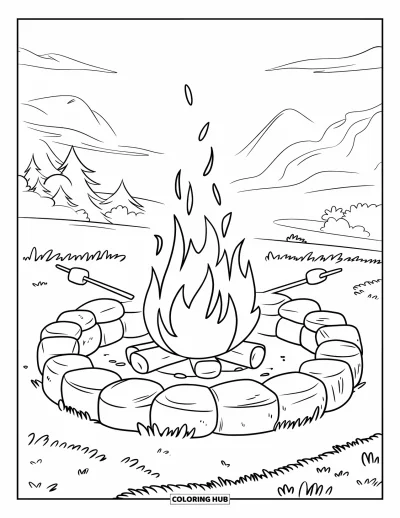 Coloriage de feu pour enfants : Trois guimauves grillent au-dessus d'un foyer entouré de montagnes et d'arbres