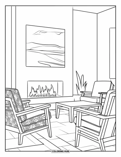 Coloriage de feu pour enfants : Deux fauteuils font face à une cheminée dans une pièce avec un sol carrelé et un tableau