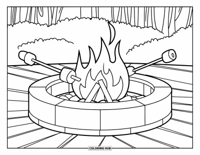 Coloriage de feu pour enfants : Deux guimauves grillent dans un foyer sur une terrasse en bois près d'arbres