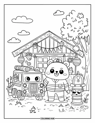 Coloriage de sécurité incendie pour adultes : Un ours pompier pose avec un sympathique mini camion de pompiers devant une petite caserne