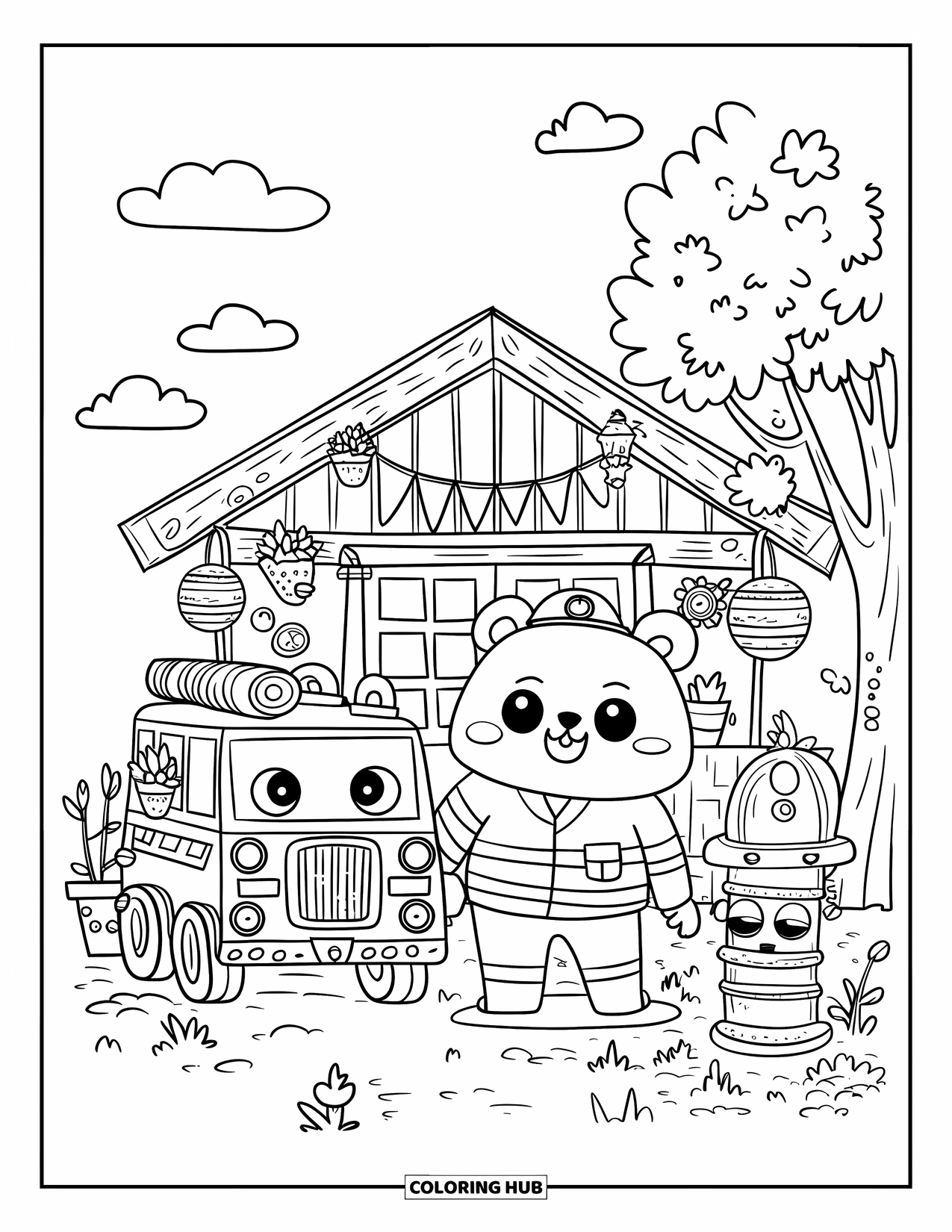 Fire Safety Coloring Page for Adults: A bear firefighter poses with a friendly mini fire truck at a small fire station
