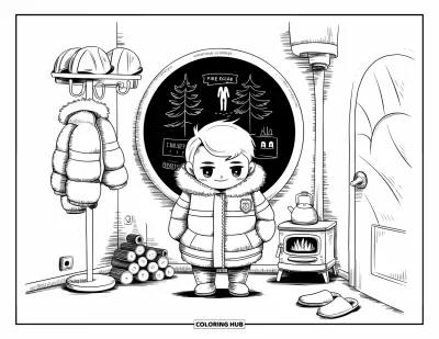 Coloriage de sécurité incendie pour adultes : Un chef pompier chibi indique un plan d'évacuation incendie dans une caserne douillette