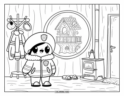 Coloriage de sécurité incendie pour adultes : Un chef pompier chibi passe en revue un plan d'évacuation de cabane dans un arbre sur un panneau rond