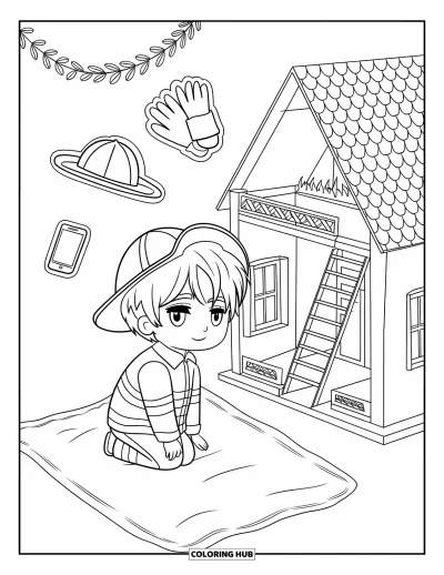 Coloriage de sécurité incendie pour adultes : Un pompier chibi en uniforme présente une échelle d'évacuation pour maison de poupée