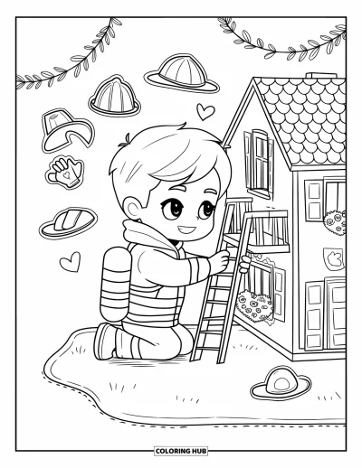 Coloriage de sécurité incendie pour adultes : Un pompier chibi s'agenouille près d'une maison de poupée en montrant une petite échelle d'évacuation