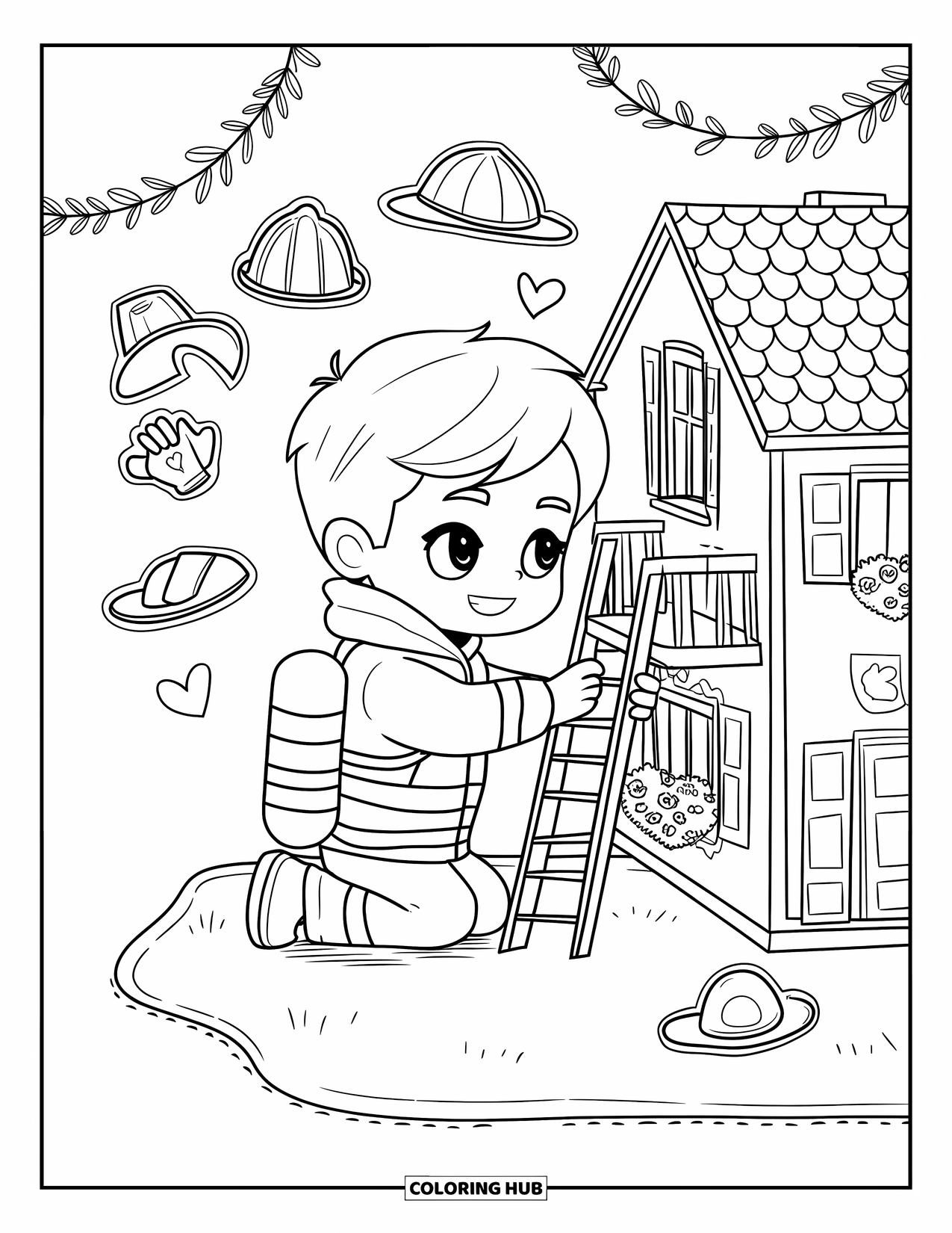 Fire Safety Coloring Page for Adults: A chibi firefighter boy kneels by a dollhouse showing a tiny escape ladder