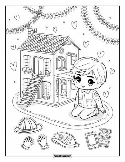Coloriage de sécurité incendie pour adultes : Un pompier chibi joue près d'une maison de poupée avec des autocollants de sécurité tout autour
