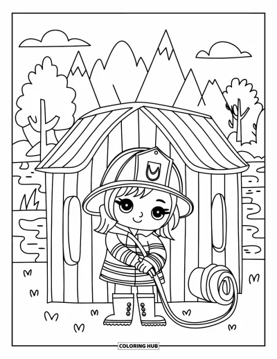 Coloriage de sécurité incendie pour adultes : Une pompière chibi se tient près d'une pittoresque caserne en bois avec un tuyau