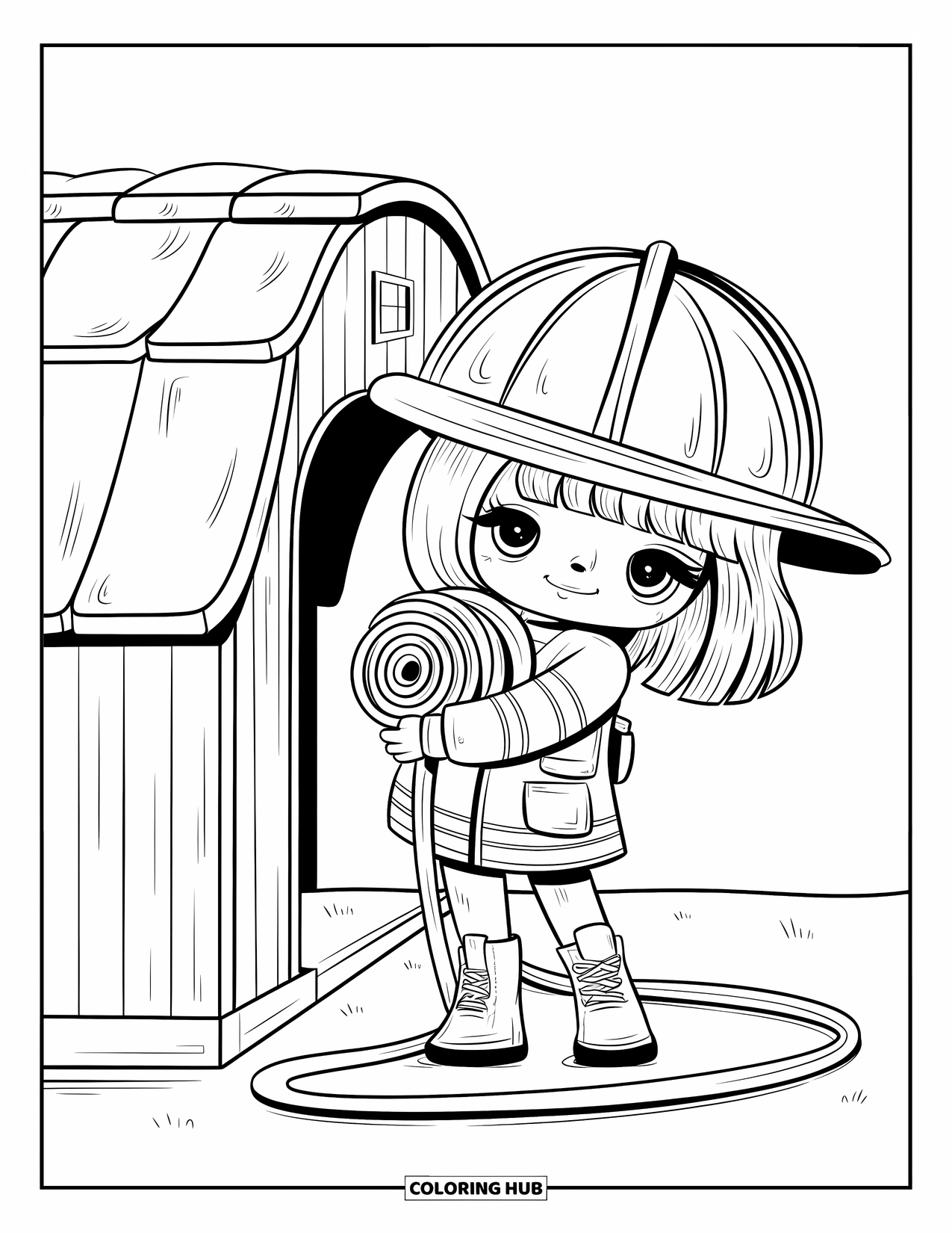 Fire Safety Coloring Page for Adults: A chibi firefighter girl with big boots holds a hose near a wooden station