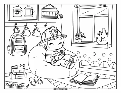 Coloriage de sécurité incendie pour adultes : Un pompier chibi lit un livre dans la salle de repos douillette d'une caserne