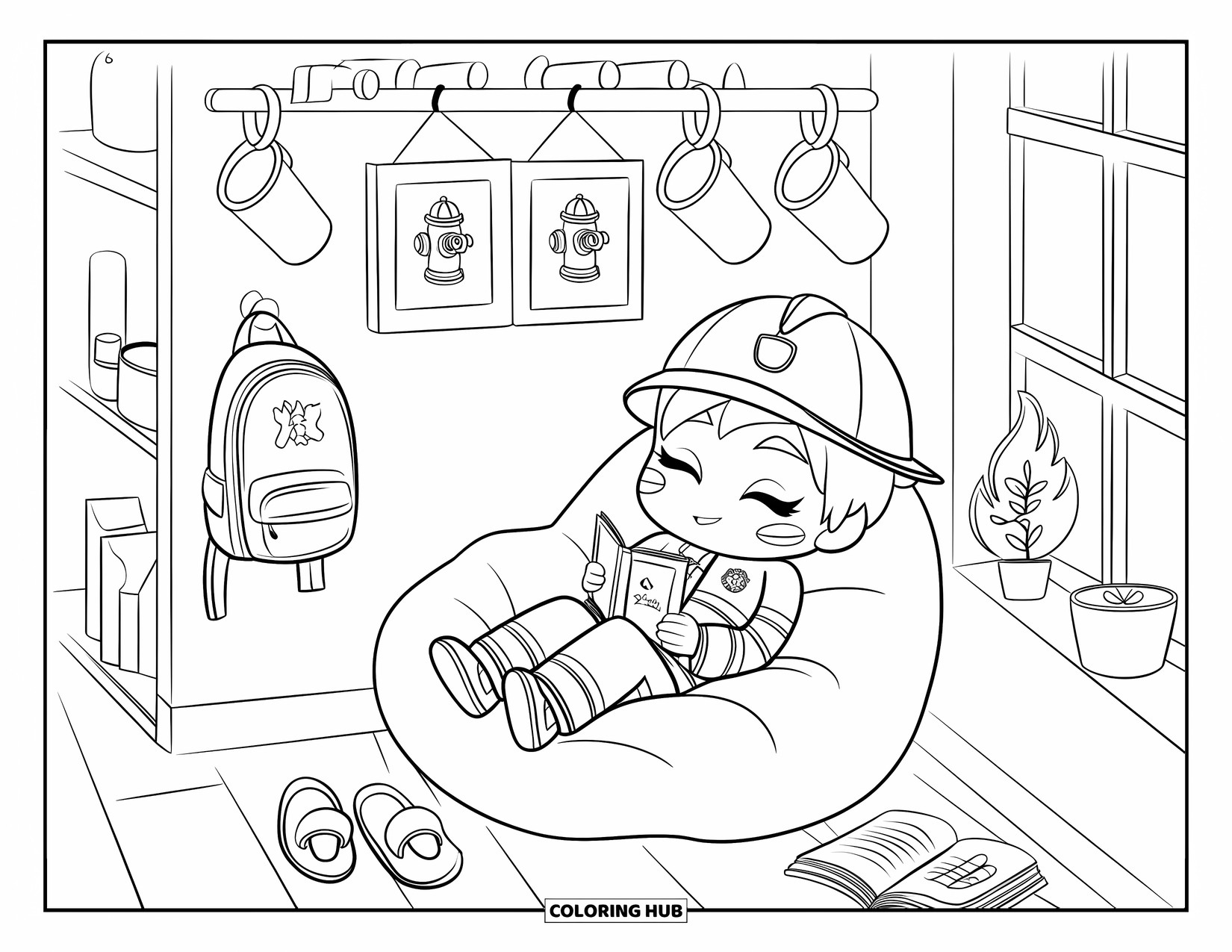 Fire Safety Coloring Page for Adults: A chibi firefighter relaxes on a beanbag in a tiny break room