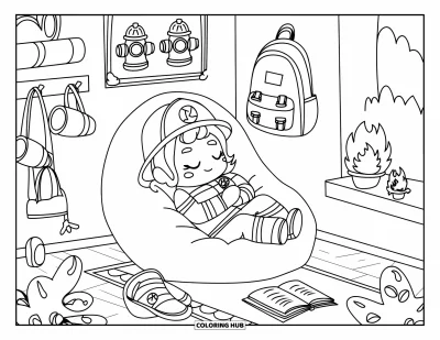 Coloriage de sécurité incendie pour adultes : Un pompier chibi se repose dans la salle de détente d'une caserne avec des tasses et des œuvres d'art