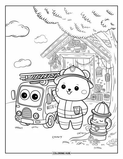 Coloriage de sécurité incendie pour adultes : Un ours pompier potelé se tient fièrement avec un mini camion de pompiers près d'une caserne accueillante