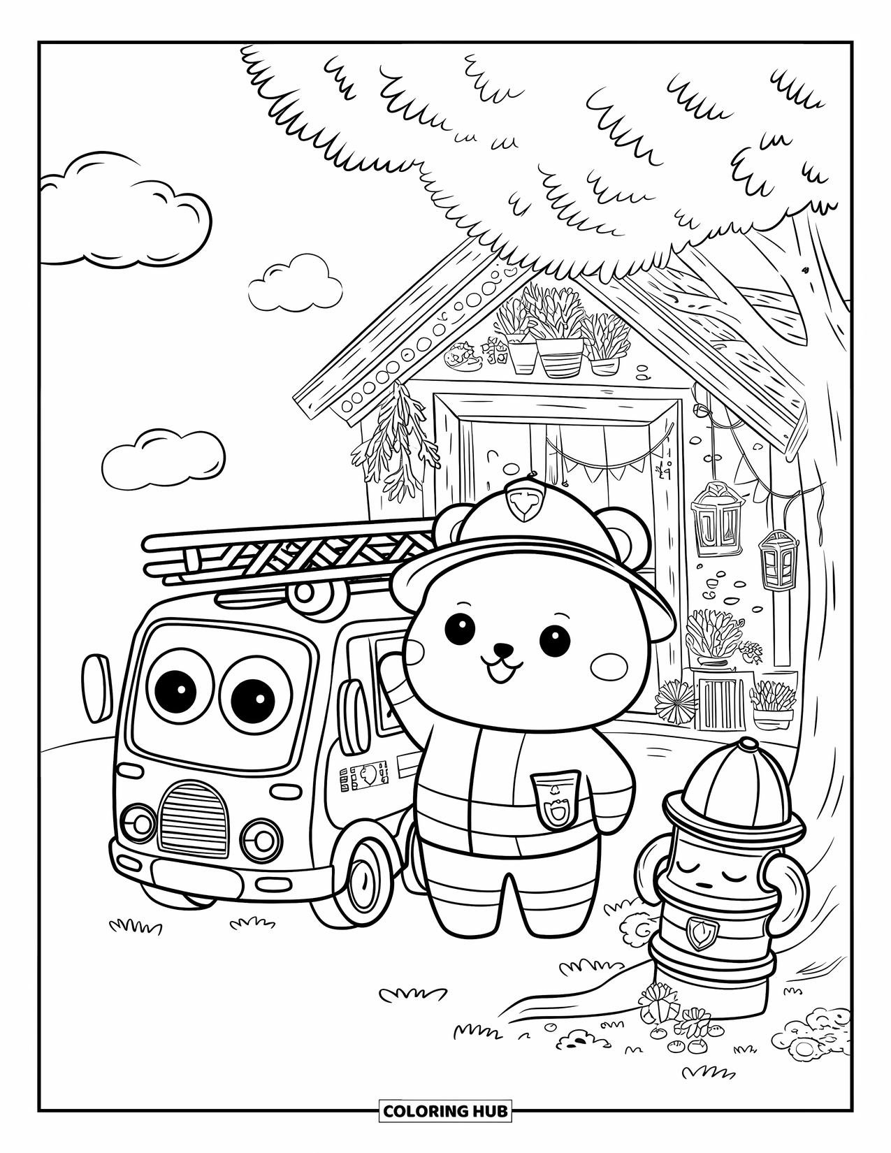 Fire Safety Coloring Page for Adults: A chubby bear firefighter stands proudly with a mini fire truck by a cozy station