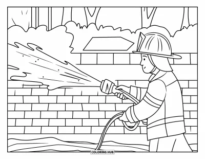 Coloriage de sécurité incendie pour adultes : Un pompier dirige un jet d'eau vers un mur de briques près d'arbres et d'un bâtiment