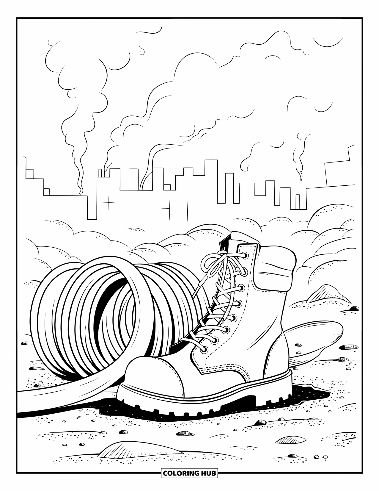 Fire Safety Coloring Page for Adults: A firefighter boot on ash near a hose with smoky buildings in the distance