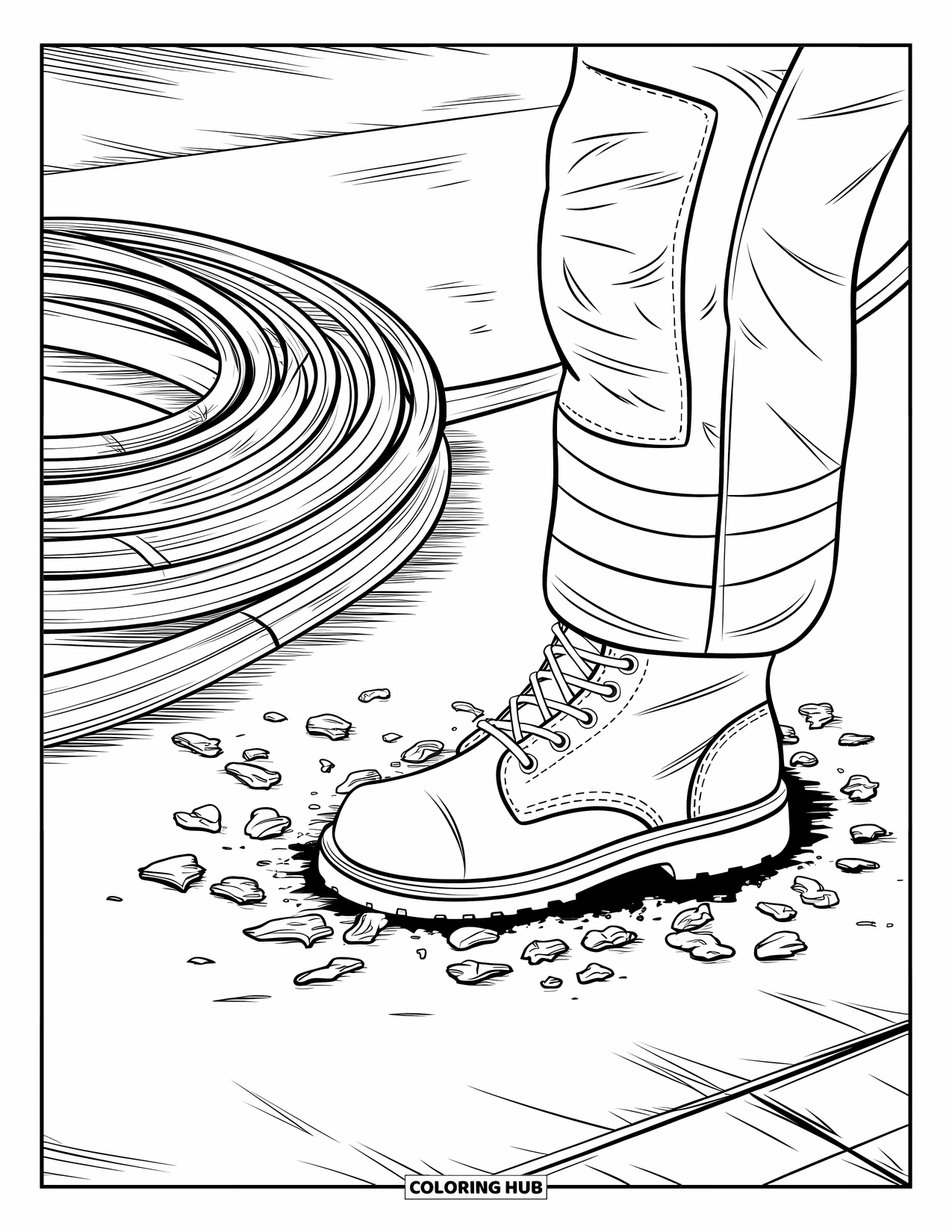 Fire Safety Coloring Page for Adults: A firefighter boot steps into ash beside a coiled hose