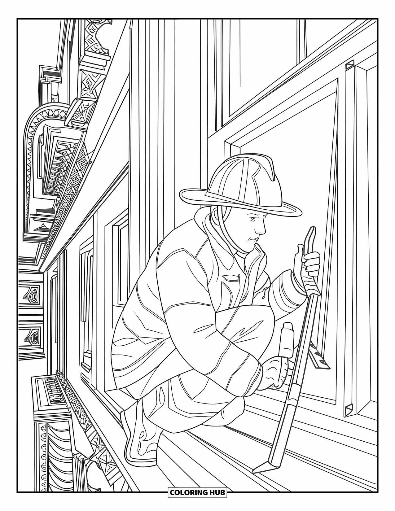 Fire Safety Coloring Page for Adults: A firefighter crouches by a multi-story building window holding a halligan tool