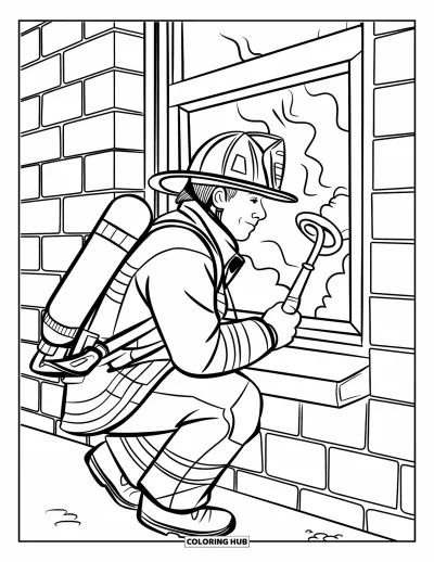 Coloriage de sécurité incendie pour adultes : Un pompier accroupi près d'une fenêtre enfumée tenant un outil halligan