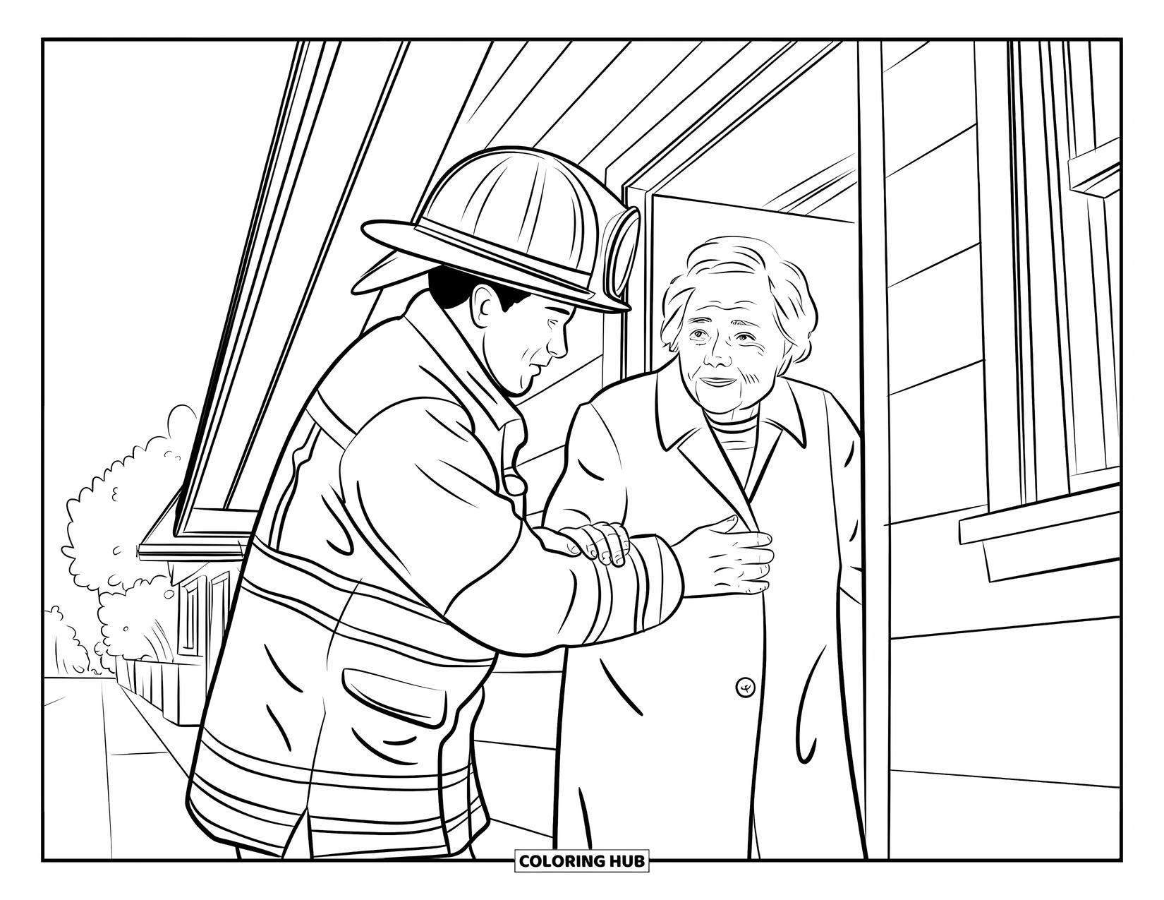 Fire Safety Coloring Page for Adults: A firefighter helps an elderly person exit a house by the street