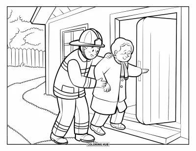Coloriage de sécurité incendie pour adultes : Un pompier aide une personne âgée à sortir d'une maison