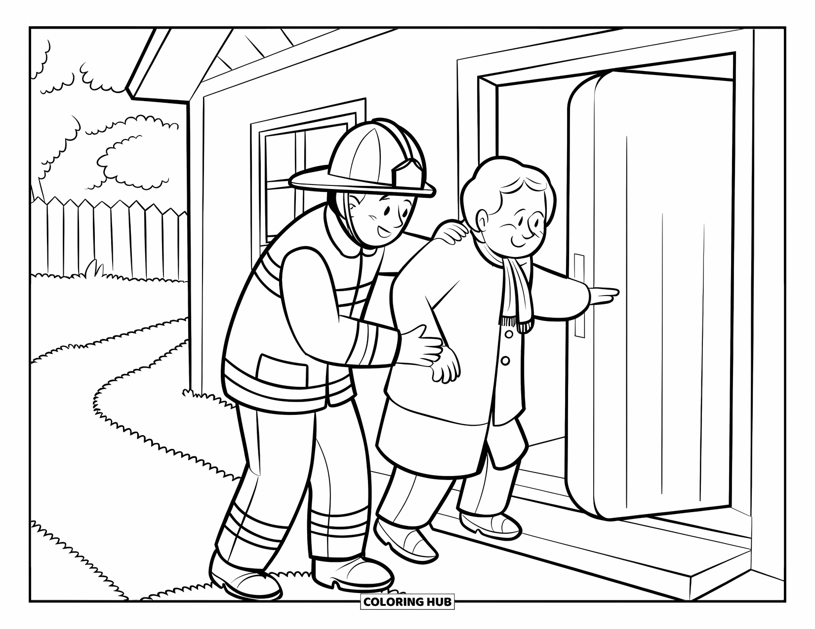 Fire Safety Coloring Page for Adults: A firefighter helps an elderly person out of a house