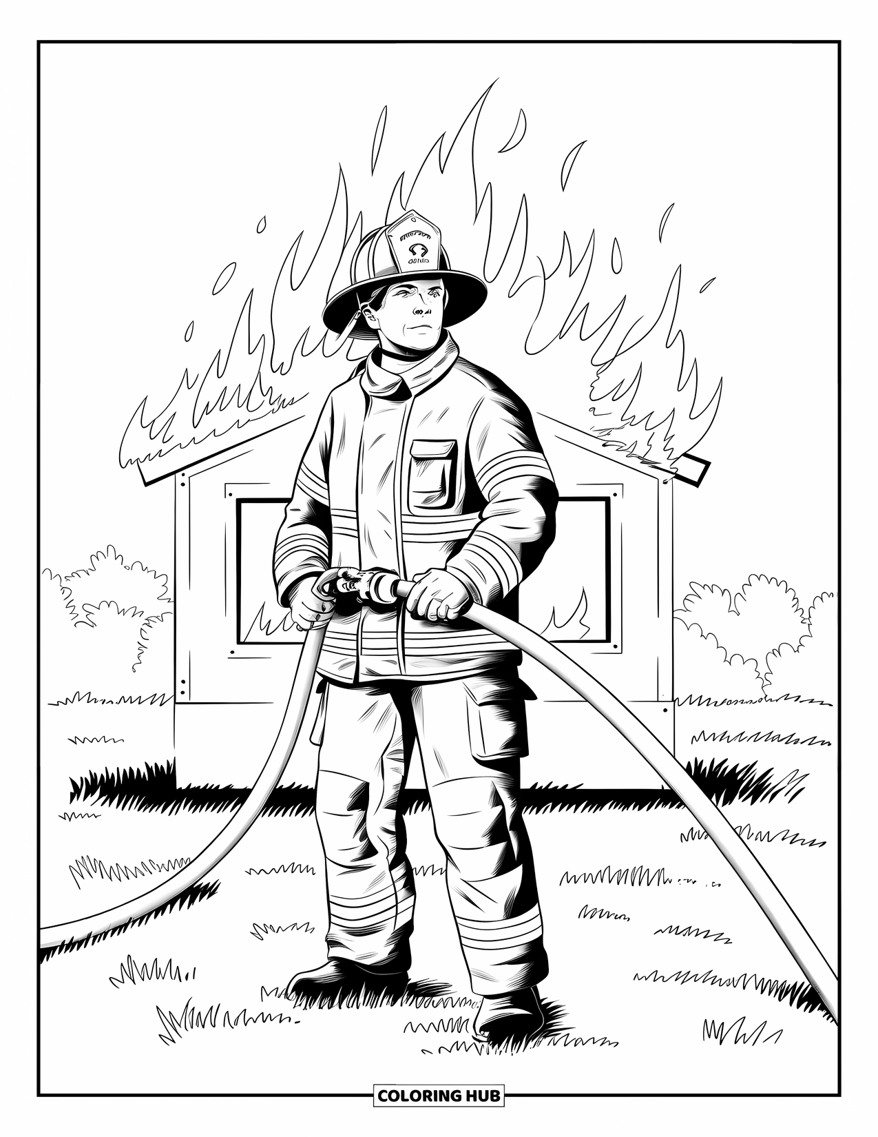 Fire Safety Coloring Page for Adults: A firefighter holds a hose near a burning training building on open ground