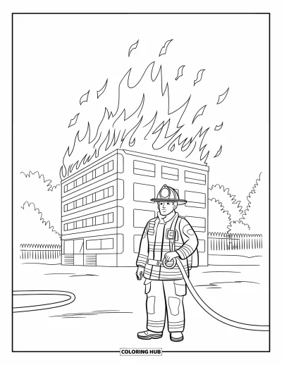 Coloriage de sécurité incendie pour adultes : Un pompier en tenue fait face à un bâtiment d'entraînement à plusieurs étages en flammes