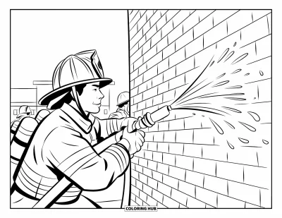 Coloriage de sécurité incendie pour adultes : Un pompier projette de l'eau sur un mur de briques lors d'un entraînement
