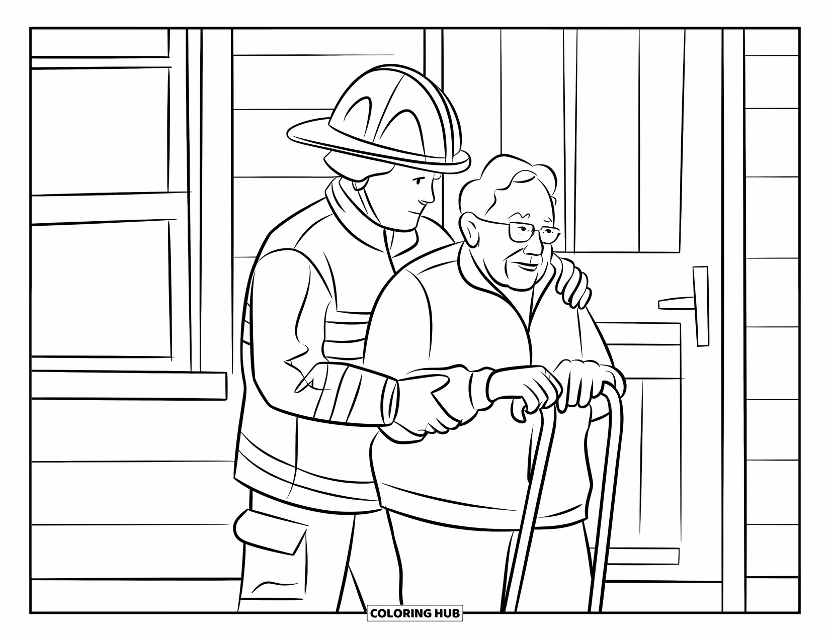 Fire Safety Coloring Page for Adults: A firefighter supports an elderly person using a cane outside a house