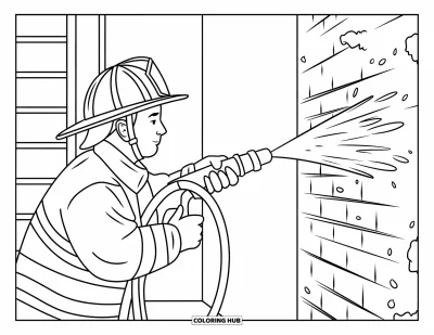 Coloriage de sécurité incendie pour adultes : Un pompier utilise un tuyau près d'un mur de briques troué avec une échelle