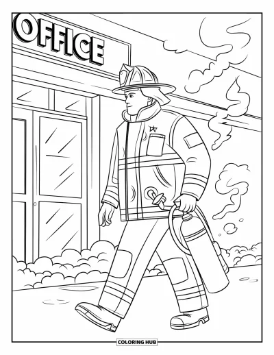 Coloriage de sécurité incendie pour adultes : Un pompier avance dans la fumée en portant un extincteur