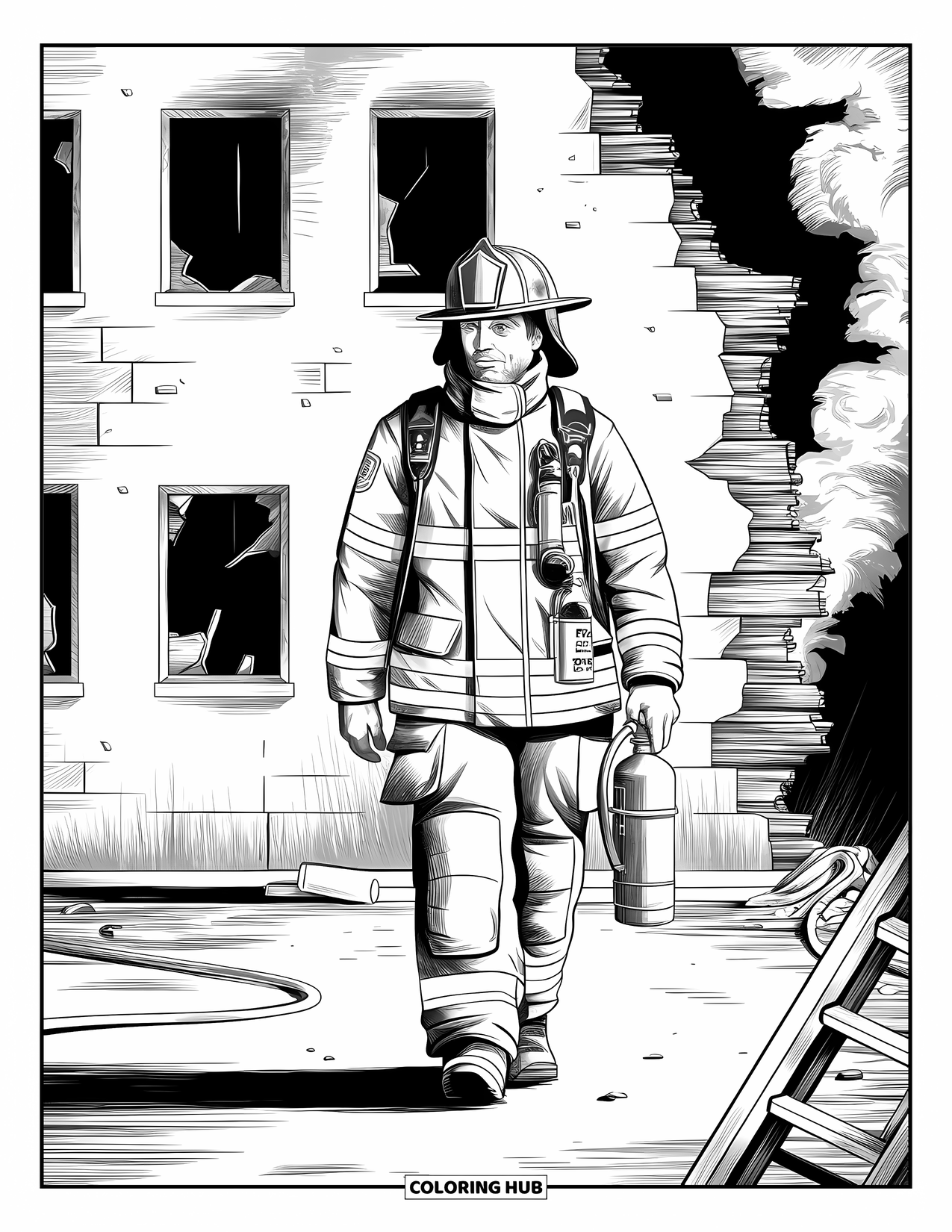 Fire Safety Coloring Page for Adults: A firefighter walks near broken windows and a collapsed wall with smoke