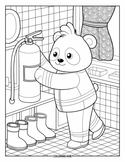 Coloriage de sécurité incendie pour adultes : Un panda pompier range soigneusement un extincteur dans une caserne bien organisée