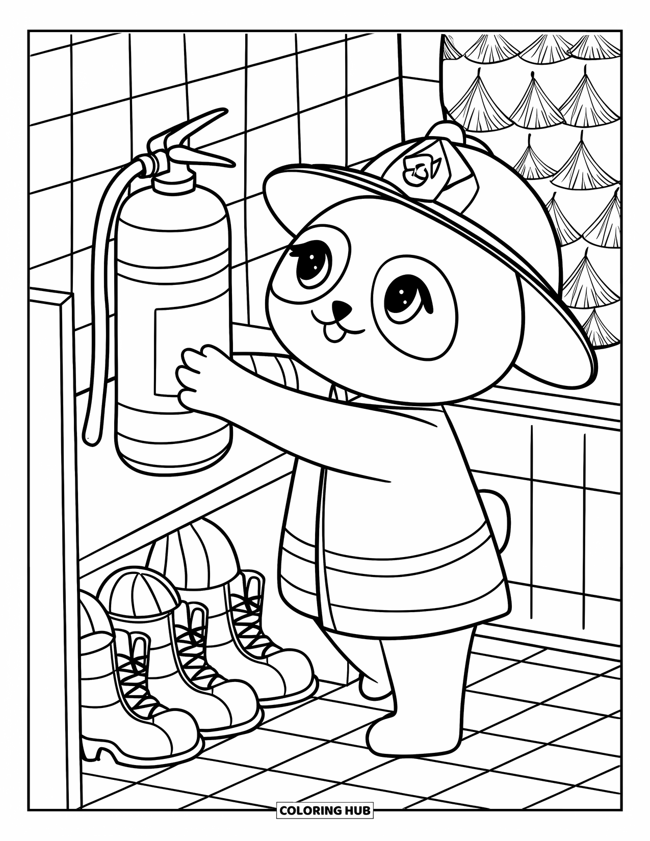 Fire Safety Coloring Page for Adults: A panda firefighter organizes gear on shelves in a small firehouse