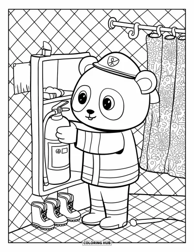 Coloriage de sécurité incendie pour adultes : Un panda pompier range soigneusement bottes et casques dans une caserne chaleureuse